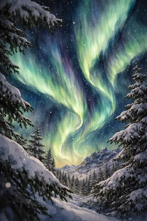 Magical Aurora Over Snow-Covered Mountains Under a Starry Night Sky