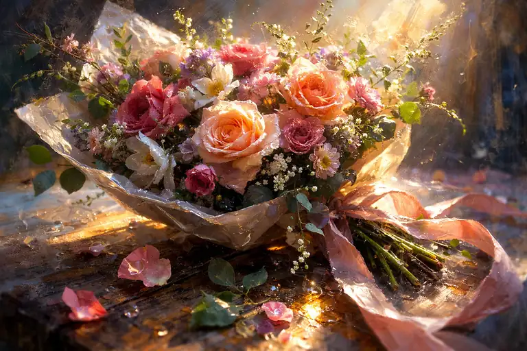 朝露の花びらに降り注ぐ黄金の光