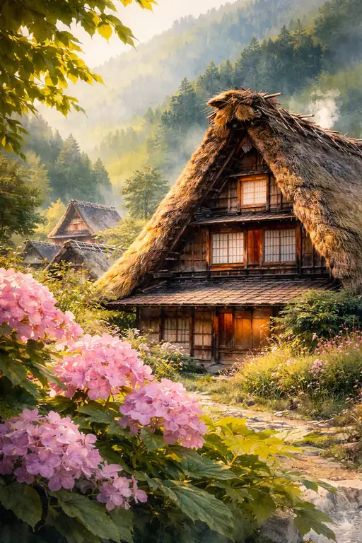 茅葺の郷に咲き誇る夏の彩