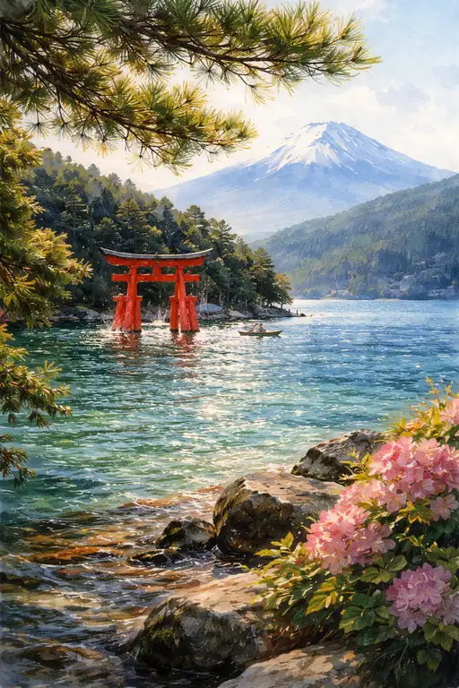 聖なる湖面と霊峰の静謐