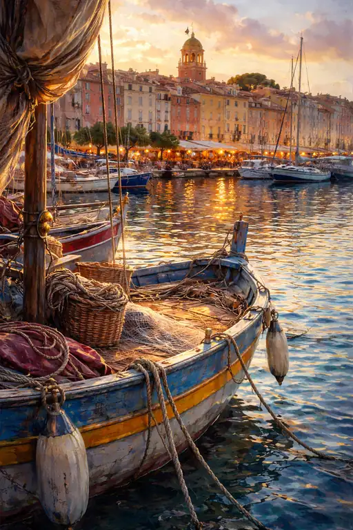 Fishing Boat in the Harbor at Sunset