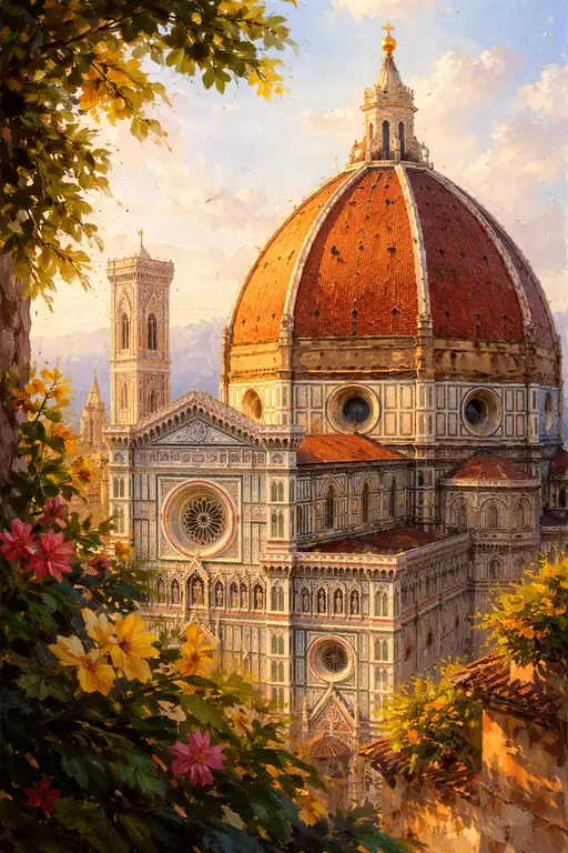 Vibrant Painting of Florence Cathedral Framed by Flowers