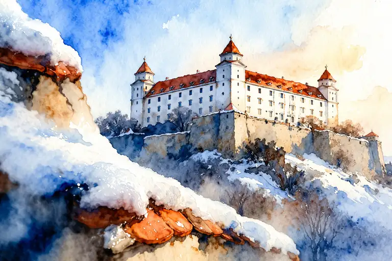 Sunset Glow on Snow-Covered Bratislava Castle