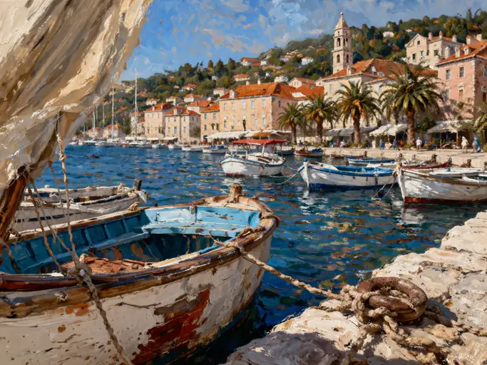 Weathered Boat Beneath Summer Town
