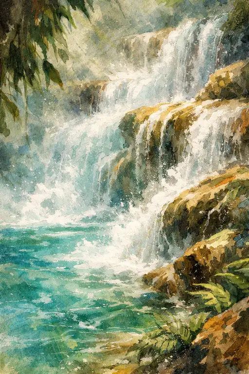 Cascading Waterfall into a Turquoise Forest Pool