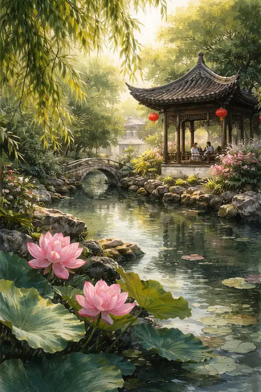 静寂の開花：蓮の池と東屋