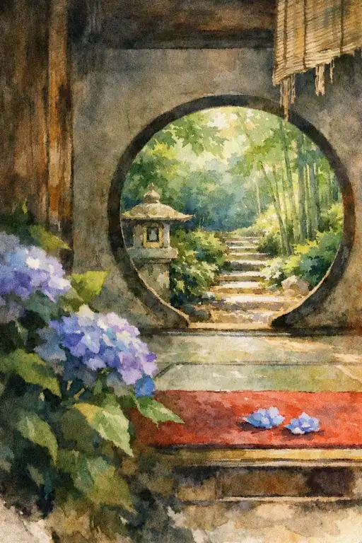 悟りの窓から望む雨あがりの紫陽花