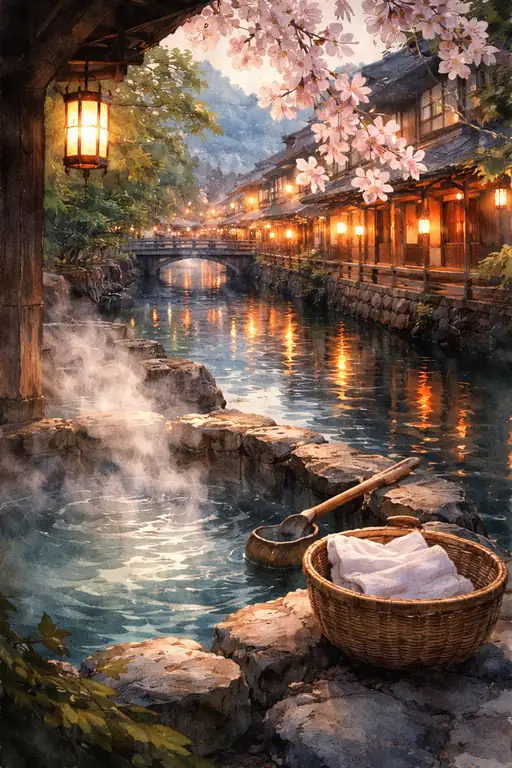 夕桜に溶けゆく湯煙の安らぎ