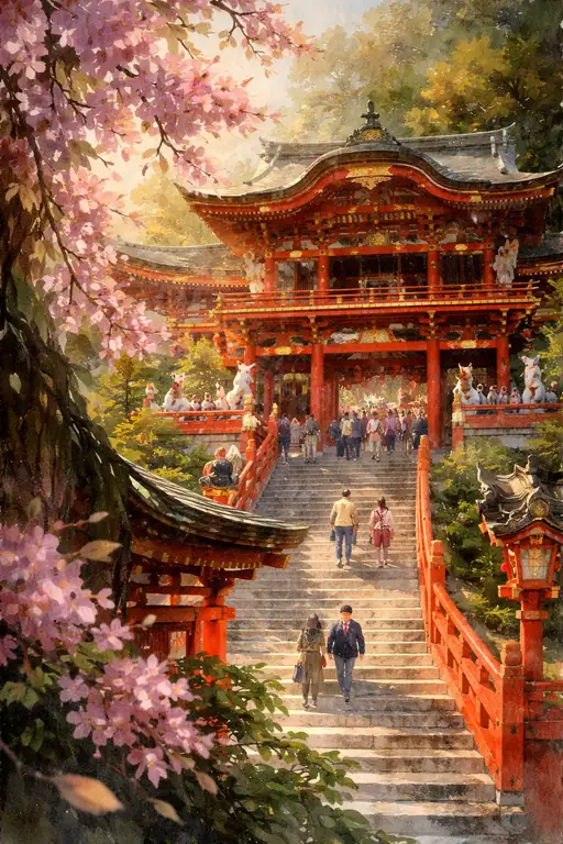 春の天へと続く朱色の階段