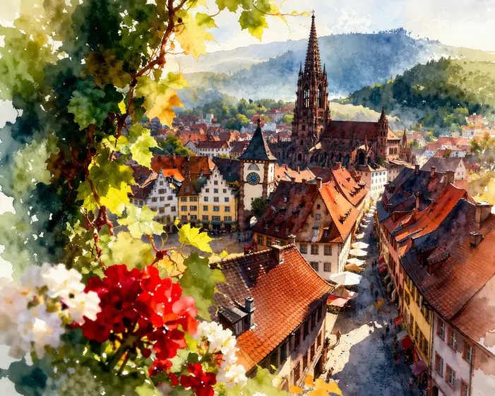 Freiburg Flourish: Geraniums and the Gothic Spire