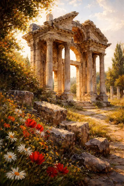 Timeless Pillars Among the Poppies