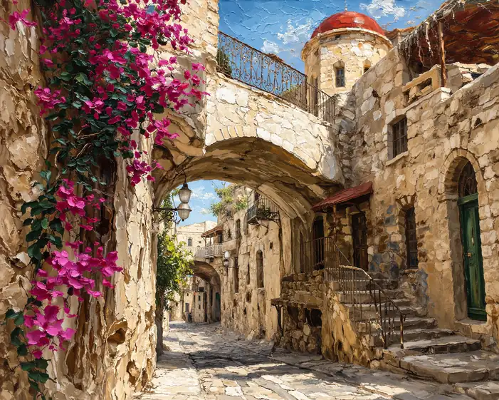 Sun-Drenched Stone Alley with Bougainvillea