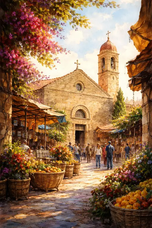Bustling Marketplace Beside an Old Stone Church