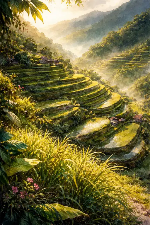 Golden Terraces Touched by the Morning Mist