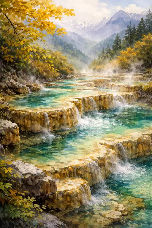 秋の錦に彩られた神秘的なターコイズブルーの湧水池