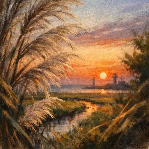 夕暮れの海岸湿地