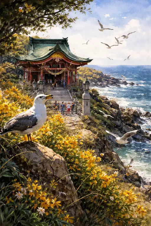 海猫の休む海辺の神社