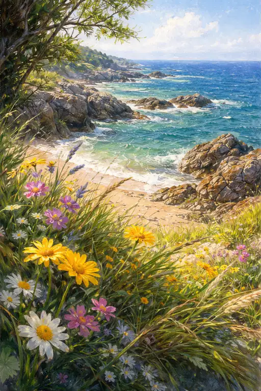 陽光の海岸に咲き誇る野生の花