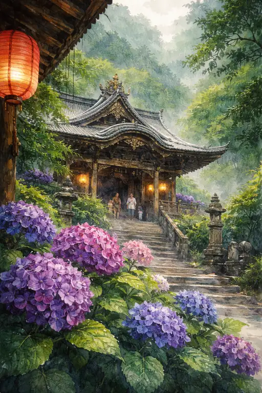 紫陽花に導かれる静寂の灯り