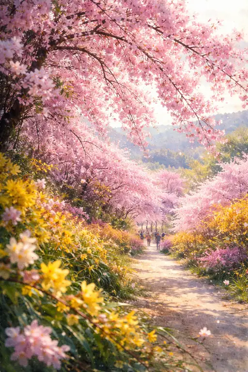 春花咲き誇る天蓋の下の道