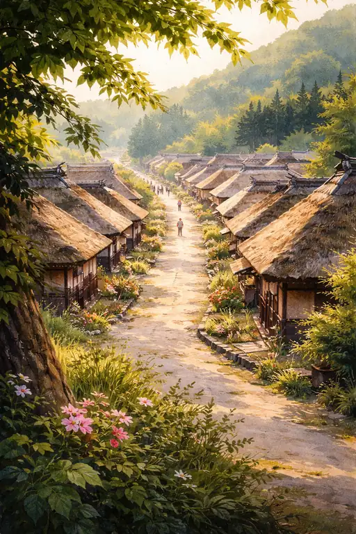 茅葺きの道に落ちる静かな影