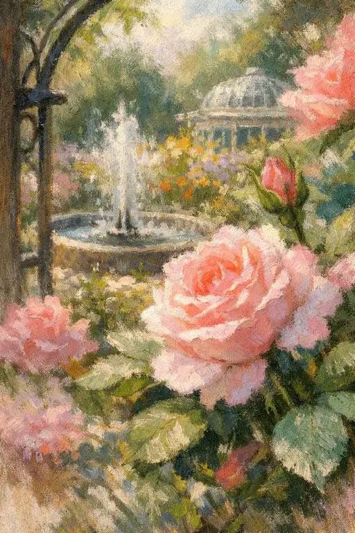 ロマンチックなオアシス：庭園の光に溶けるピンクの薔薇