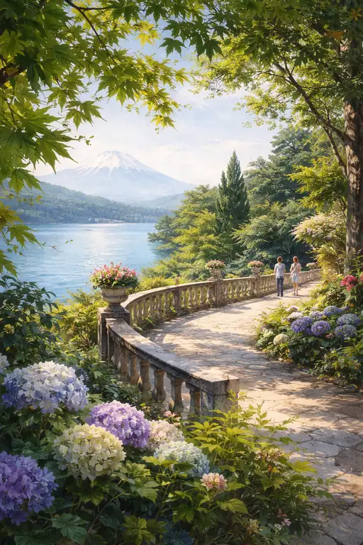 Distant Serenity: A Terrace View of the Snow-Capped Peak