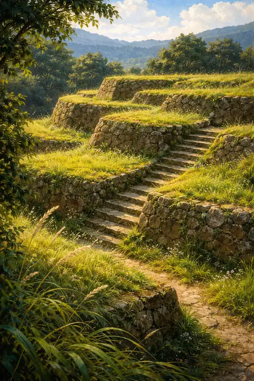 黄金の小道：緑の段々畑を登る石段