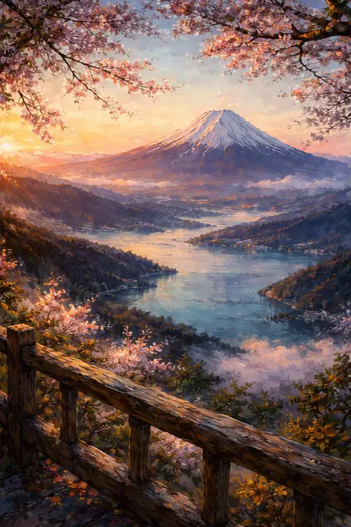 春の湖水と荘厳なる夕景