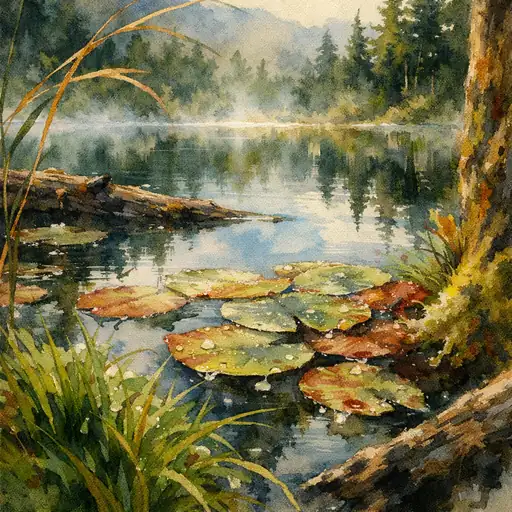 Dawn's Serenity: A Misty Forest Pond