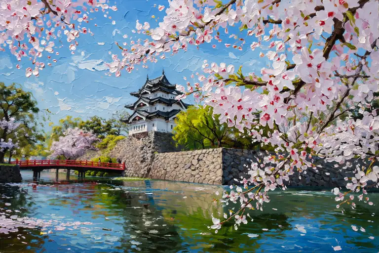 春色の絵具が舞う濠端の城郭