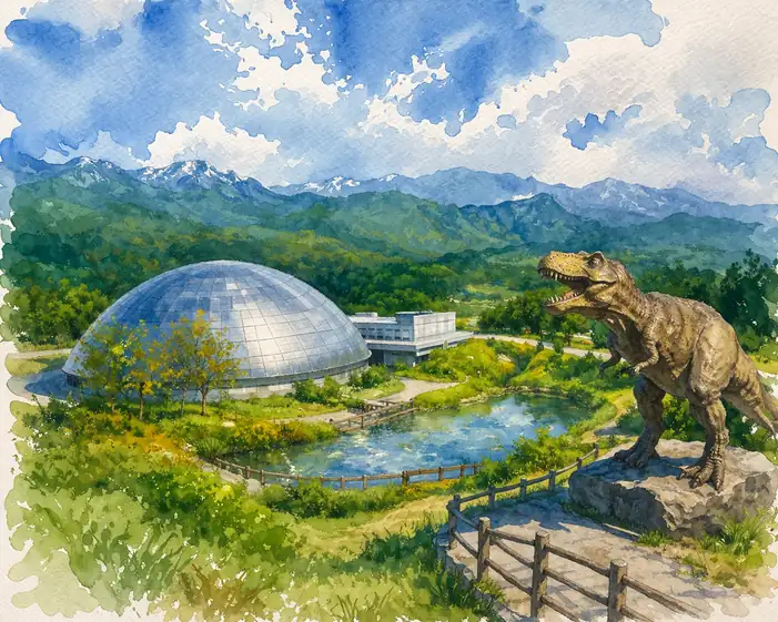時代を超えた共鳴：緑の大地と銀色ドームを臨む巨獣