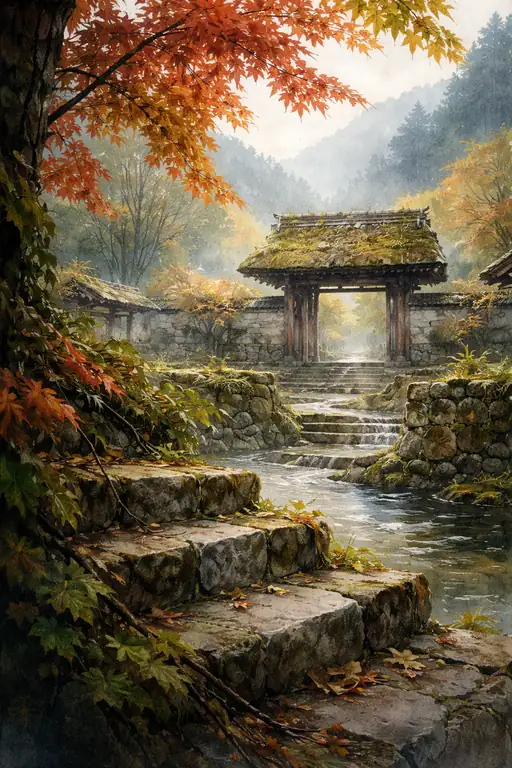 Whispers of Autumn: The Mossy Gate in the Mist