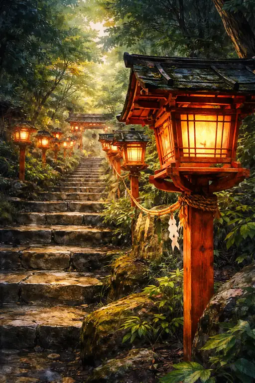 神秘の森へ誘う灯火の石段