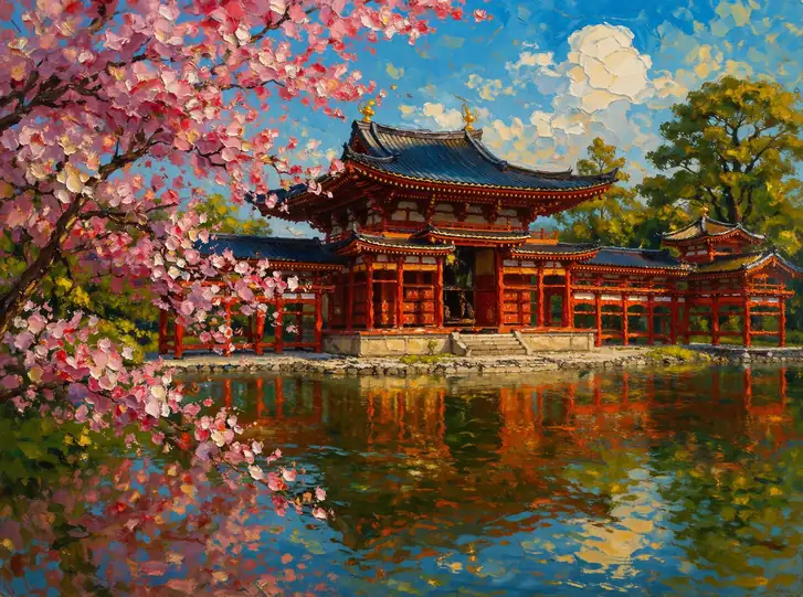 桜花が縁取る水辺の静謐な祈り