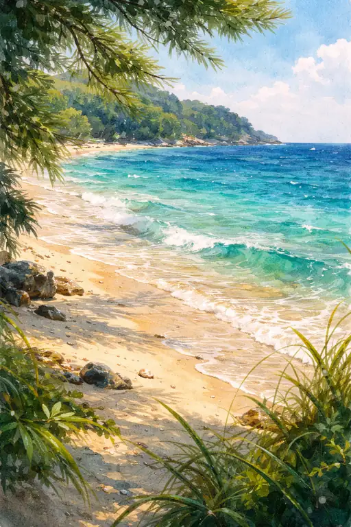 きらめくターコイズと夏の白砂浜