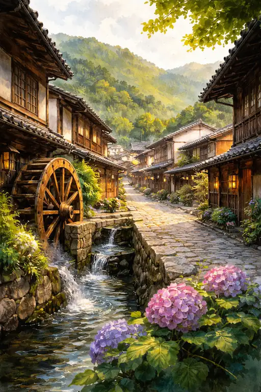 Hydrangeas by the Village Waterwheel