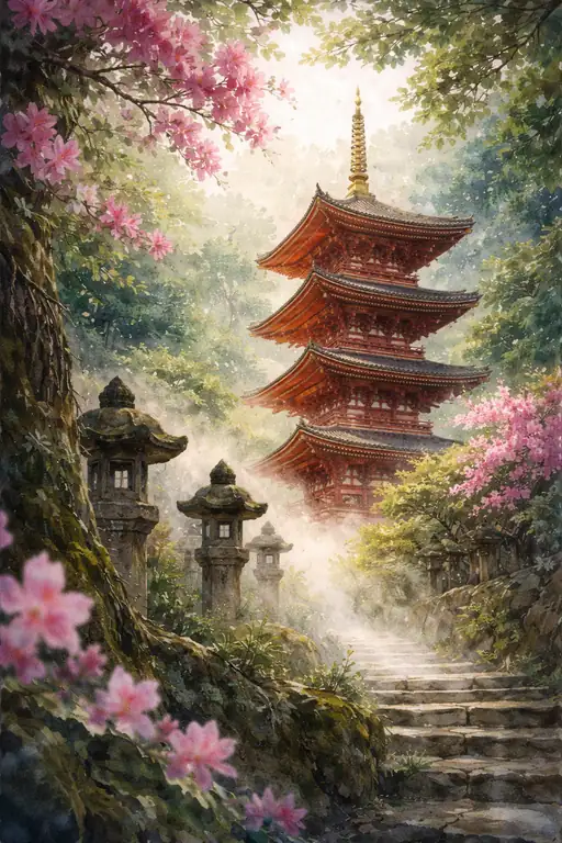 朝霧の中に浮かび上がる神秘の五重塔