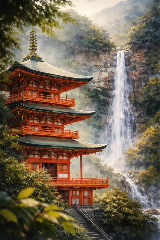 瀑布に寄り添う祈りの塔