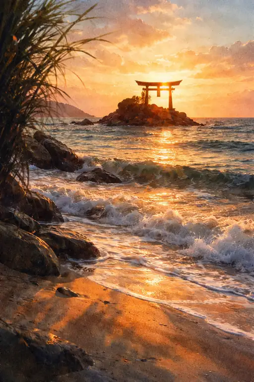 朝もやの海に浮かぶ深紅の鳥居