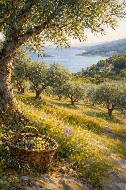 Sunlit Orchard Overlooking the Bay
