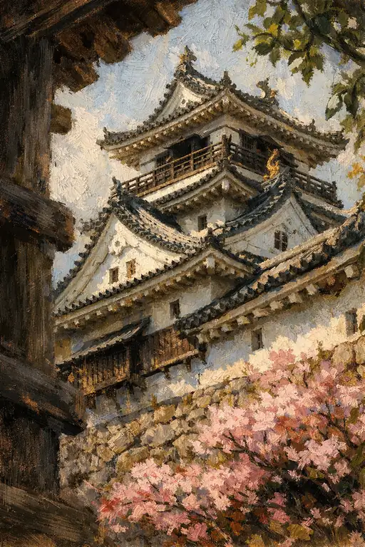 春霞の要塞、花と石垣