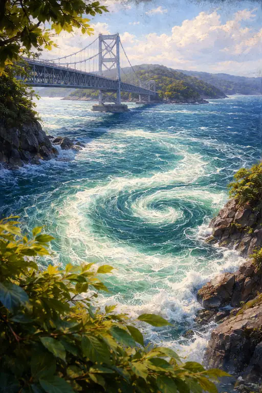 渦巻く海原と架かる鉄の橋