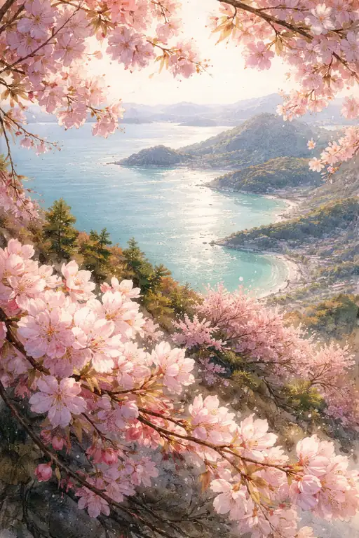 桜彩る紫雲出の海景色