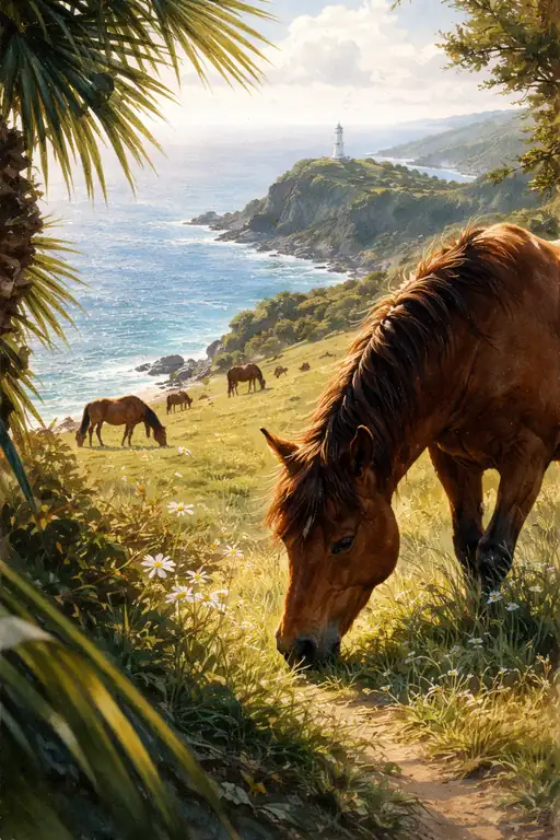 Idyllic Grazing: Gentle Steeds Above the Azure Bay