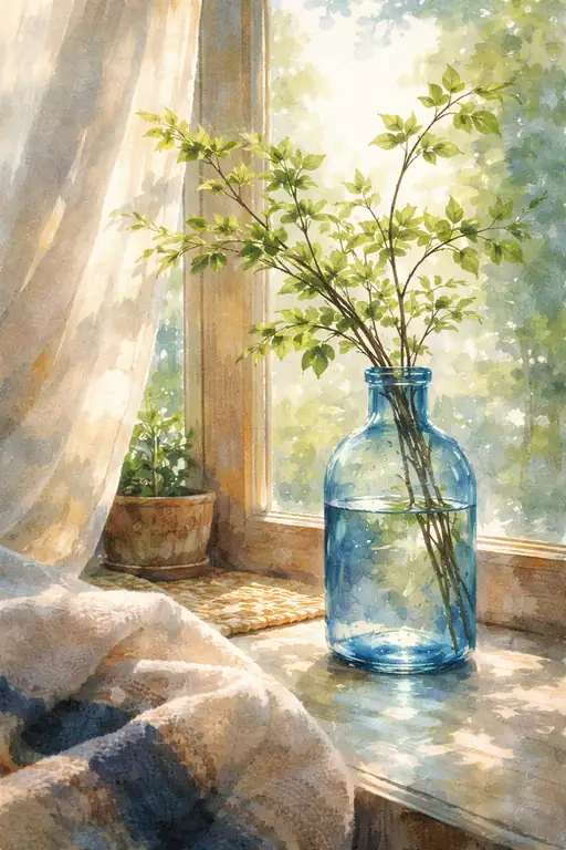 Blue Glass and Green Leaves