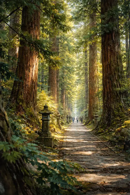 Serene Path: Ancient Stone Lanterns Illuminating a Mossy Japanese Forest
