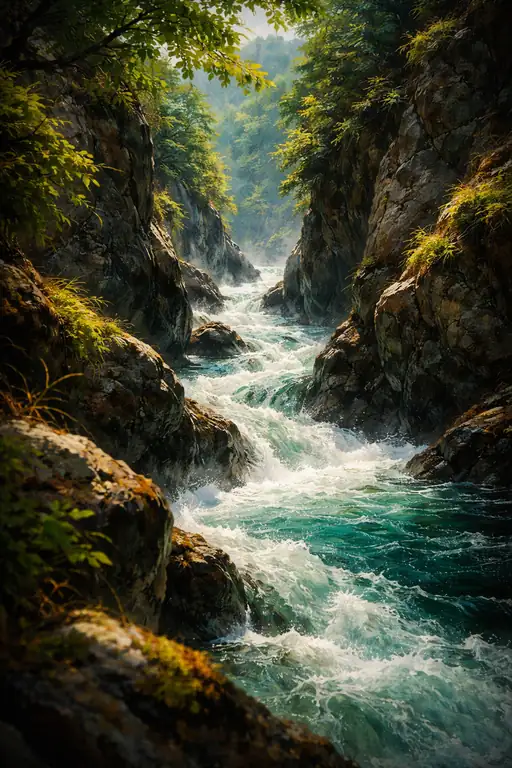 Sunlit Canyon: A Fast-Flowing Turquoise River Winding Through Narrow Rocks