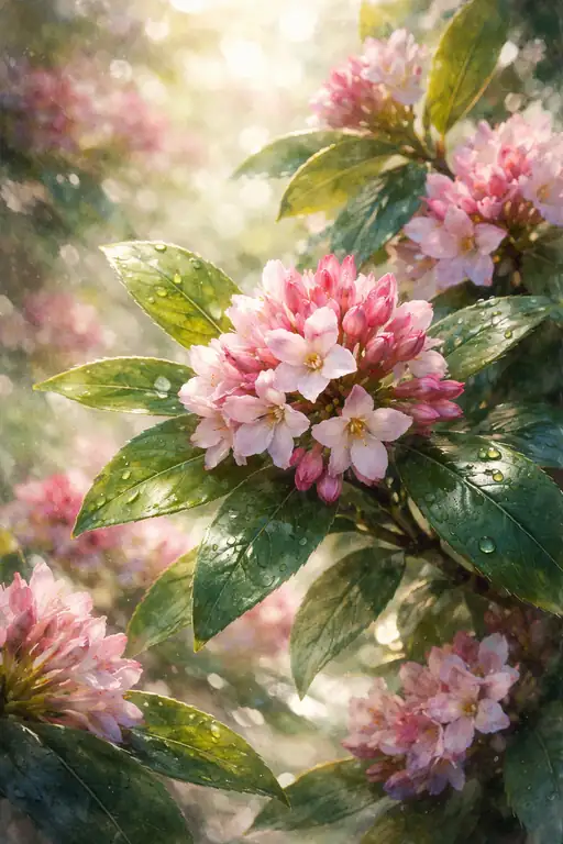 春雨の恵みを受けて美しく輝くピンクの花々