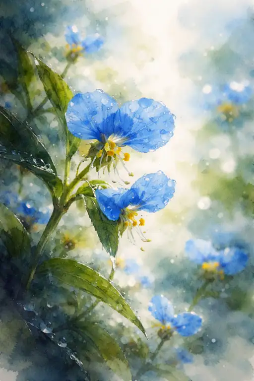 Whispers of the Morning: Delicate Blue Dayflowers Glistening with Dew